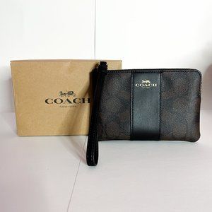 Coach Signature PVC Leather Corner Zip Wristlet Black Brown F58035 New